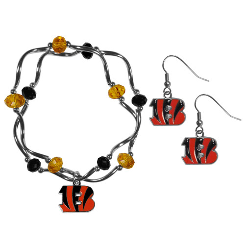 Cincinnati Bengals Dangle Earrings and Crystal Bead Bracelet Set
