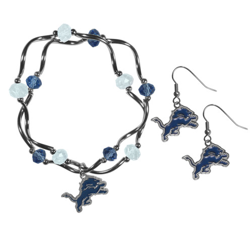 Detroit Lions Dangle Earrings and Crystal Bead Bracelet Set