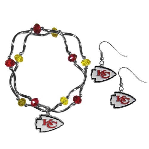 Kansas City Chiefs Dangle Earrings and Crystal Bead Bracelet Set