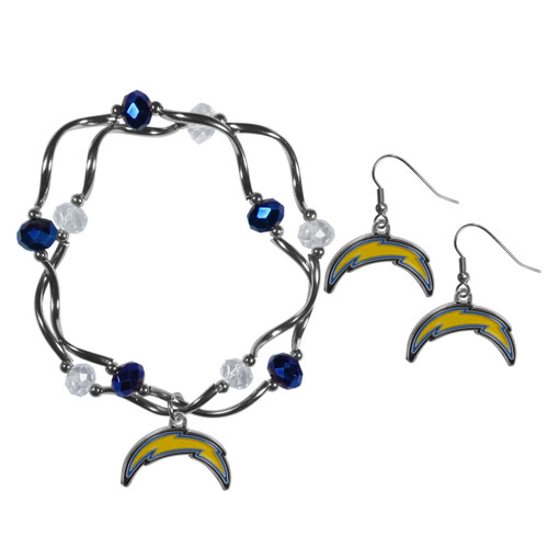 Los Angeles Chargers Dangle Earrings and Crystal Bead Bracelet Set