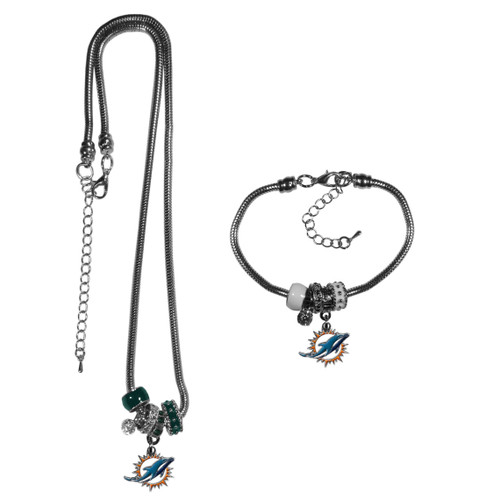 Miami Dolphins Euro Bead Necklace and Bracelet Set