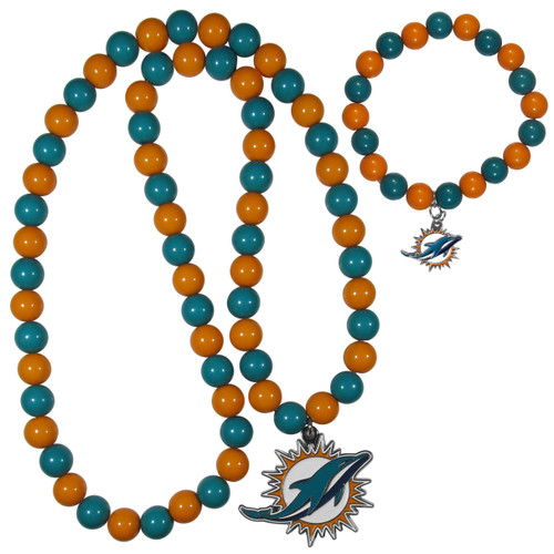 Miami Dolphins Fan Bead Necklace and Bracelet Set