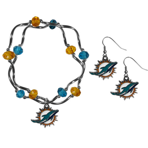 Miami Dolphins Dangle Earrings and Crystal Bead Bracelet Set