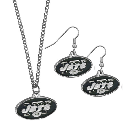 New York Jets Dangle Earrings and Chain Necklace Set