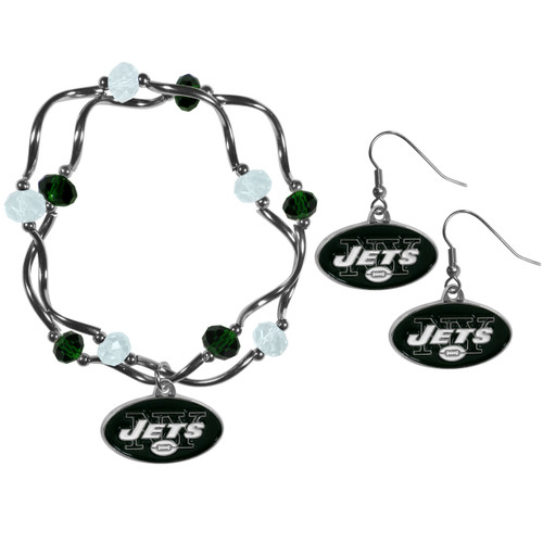 New York Jets Dangle Earrings and Crystal Bead Bracelet Set