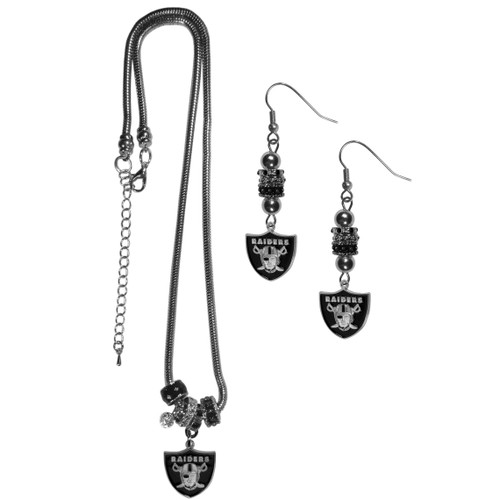 Las Vegas Raiders Euro Bead Earrings and Necklace Set