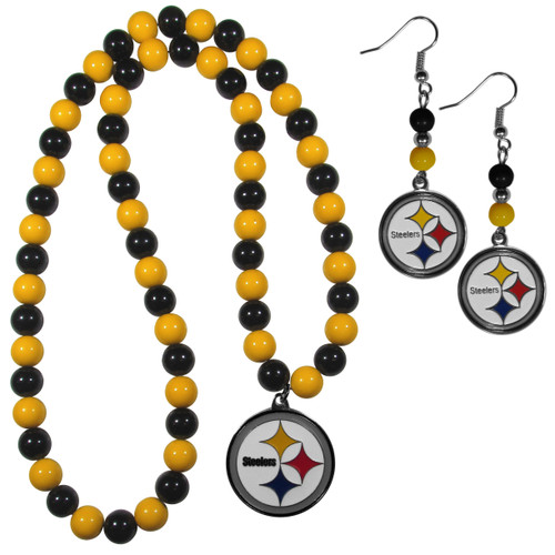 Pittsburgh Steelers Fan Bead Earrings and Necklace Set
