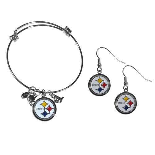 Pittsburgh Steelers Dangle Earrings and Charm Bangle Bracelet Set