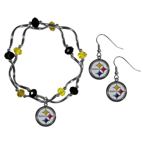 Pittsburgh Steelers Dangle Earrings and Crystal Bead Bracelet Set