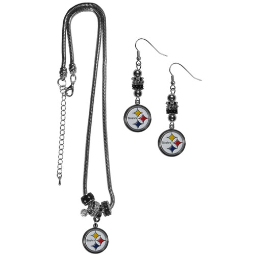 Pittsburgh Steelers Euro Bead Earrings and Necklace Set