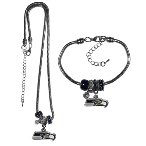 Seattle Seahawks Euro Bead Necklace and Bracelet Set