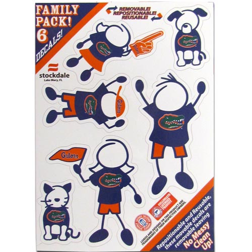 Show off your team pride with our Florida Gators family automotive decals. The set includes 6 individual family themed decals that each feature the team logo. The 5 x 7 inch decal set is made of outdoor rated, repositionable vinyl for durability and easy application.