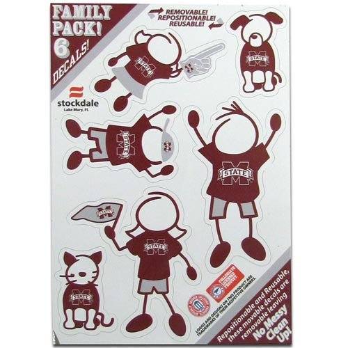 Show off your team pride with our Mississippi St. Bulldogs family automotive decals. The set includes 6 individual family themed decals that each feature the team logo. The 5 x 7 inch decal set is made of outdoor rated, repositionable vinyl for durability and easy application.