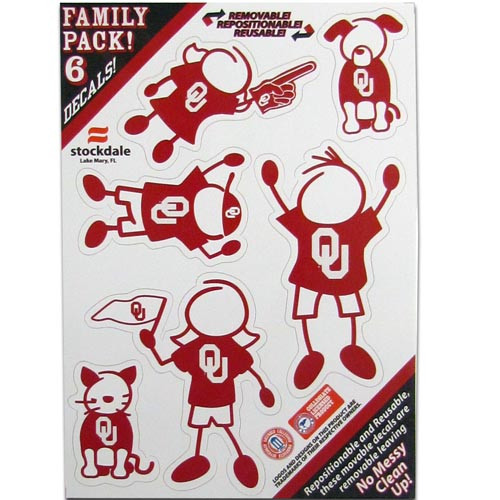 Show off your team pride with our Oklahoma Sooners family automotive decals. The set includes 6 individual family themed decals that each feature the team logo. The 5 x 7 inch decal set is made of outdoor rated, repositionable vinyl for durability and easy application.