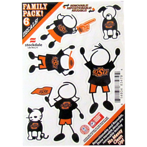 Show off your team pride with our Oklahoma St. Cowboys family automotive decals. The set includes 6 individual family themed decals that each feature the team logo. The 5 x 7 inch decal set is made of outdoor rated, repositionable vinyl for durability and easy application.