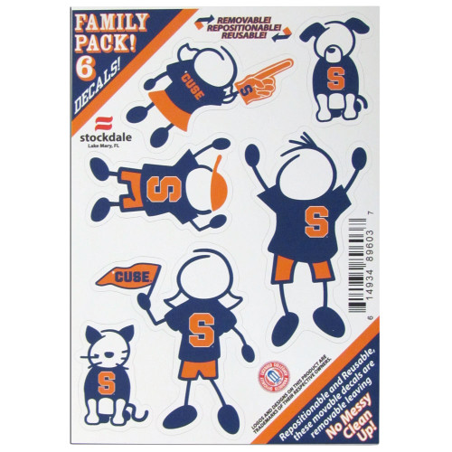 Show off your team pride with our Syracuse Orange family automotive decals. The set includes 6 individual family themed decals that each feature the team logo. The 5 x 7 inch decal set is made of outdoor rated, repositionable vinyl for durability and easy application.