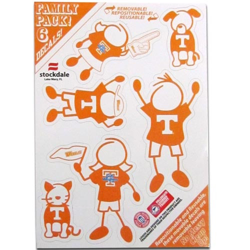 Show off your team pride with our Tennessee Volunteers family automotive decals. The set includes 6 individual family themed decals that each feature the team logo. The 5 x 7 inch decal set is made of outdoor rated, repositionable vinyl for durability and easy application.
