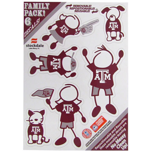 Show off your team pride with our Texas A & M Aggies family automotive decals. The set includes 6 individual family themed decals that each feature the team logo. The 5 x 7 inch decal set is made of outdoor rated, repositionable vinyl for durability and easy application.