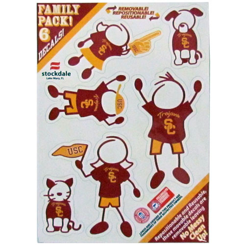 Show off your team pride with our USC Trojans family automotive decals. The set includes 6 individual family themed decals that each feature the team logo. The 5 x 7 inch decal set is made of outdoor rated, repositionable vinyl for durability and easy application.