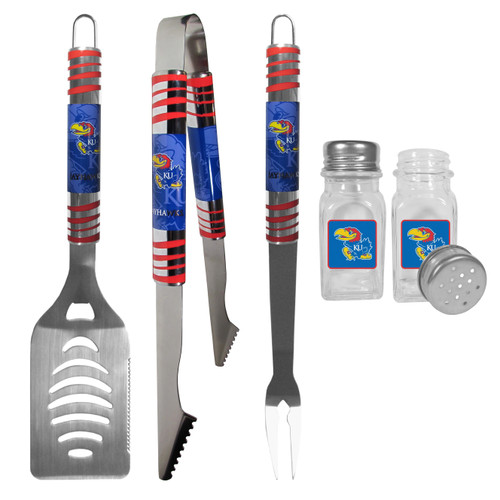 Kansas Jayhawks 3 pc Tailgater BBQ Set and Salt and Pepper Shakers