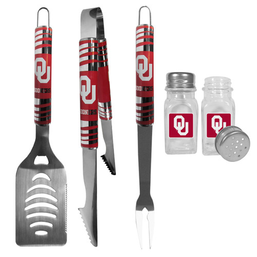 Oklahoma Sooners 3 pc Tailgater BBQ Set and Salt and Pepper Shakers