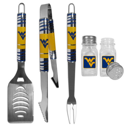 W. Virginia Mountaineers 3 pc Tailgater BBQ Set and Salt and Pepper Shakers