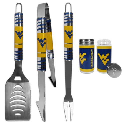 W. Virginia Mountaineers 3 pc Tailgater BBQ Set and Salt and Pepper Shaker Set
