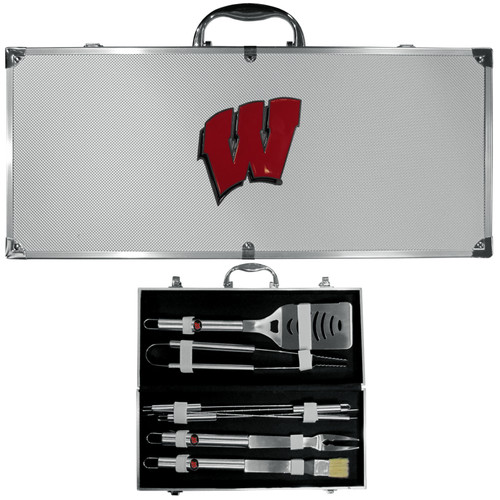 Wisconsin Badgers 8 pc Stainless Steel BBQ Set w/Metal Case