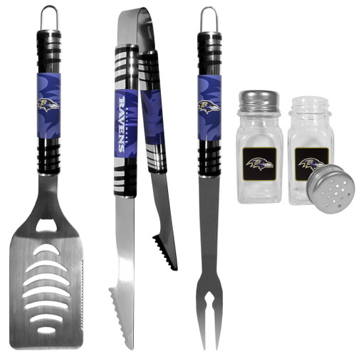 Baltimore Ravens 3 pc Tailgater BBQ Set and Salt and Pepper Shakers