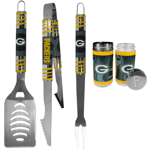 Green Bay Packers 3 pc Tailgater BBQ Set and Salt and Pepper Shaker Set