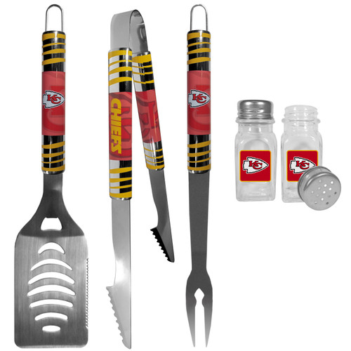 Kansas City Chiefs 3 pc Tailgater BBQ Set and Salt and Pepper Shakers