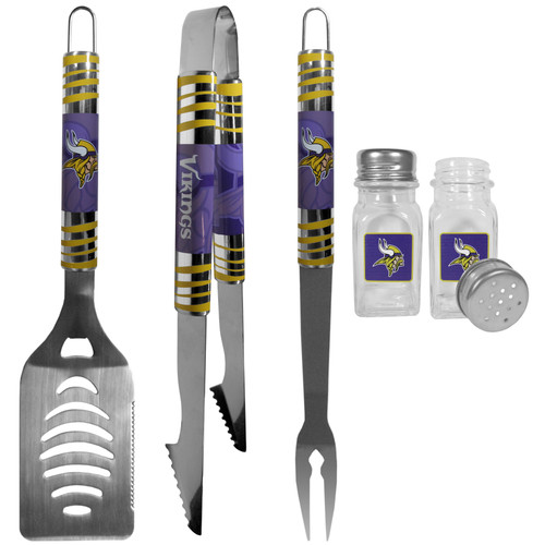 Minnesota Vikings 3 pc Tailgater BBQ Set and Salt and Pepper Shakers