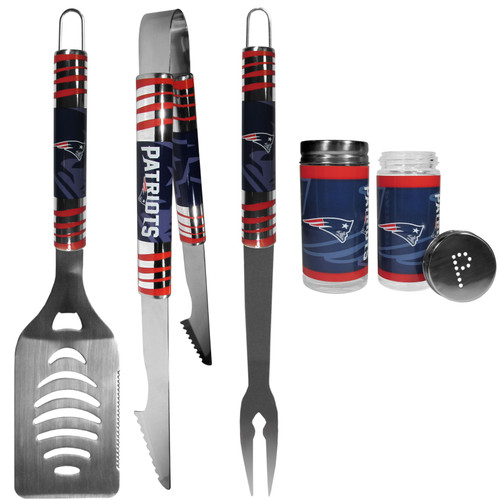 New England Patriots 3 pc Tailgater BBQ Set and Salt and Pepper Shaker Set