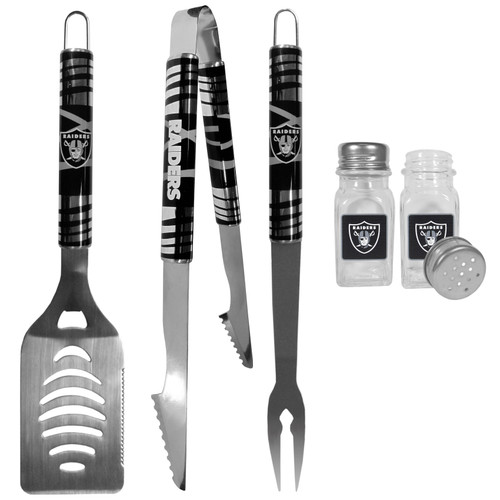 Las Vegas Raiders 3 pc Tailgater BBQ Set and Salt and Pepper Shakers