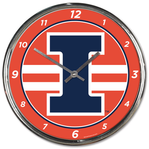 Illinois Fighting Illini Clock Round Wall Style Chrome