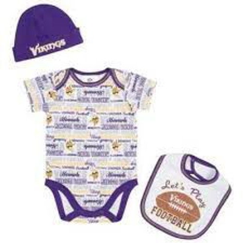 Minnesota Vikings 3-Piece Baby Boys Bodysuit, Bib, and Cap Set