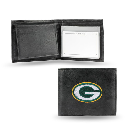 Green Bay Packers Wallet Billfold Leather Embroidered Black