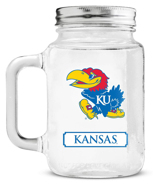 Kansas Jayhawks Mason Jar Glass With Lid