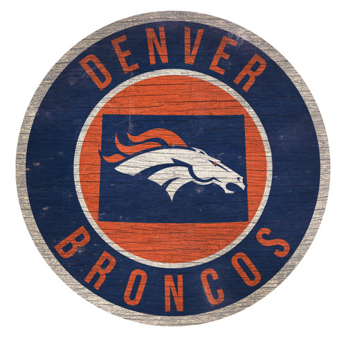 Denver Broncos Sign Wood 12 Inch Round State Design