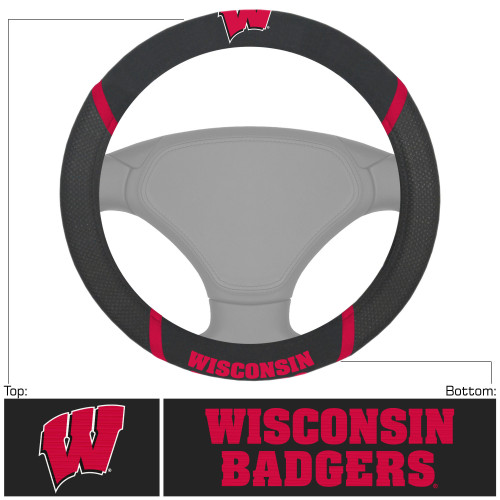 University of Wisconsin - Wisconsin Badgers Steering Wheel Cover "W" Logo & "Wisconsin Badgers" Wordmark Black