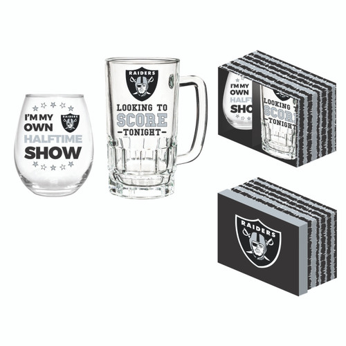 Las Vegas Raiders Drink Set Boxed 17oz Stemless Wine and 16oz Tankard