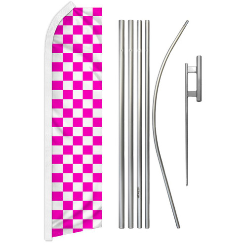 Pink & White Checkered Super Flag & Pole Kit