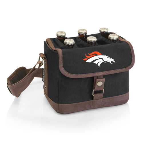 Denver Broncos Beer Caddy Cooler Tote with Opener, (Black with Brown Accents)