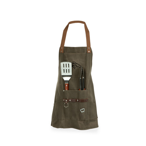 Denver Broncos BBQ Apron with Tools & Bottle Opener, (Khaki Green with Beige Accents)