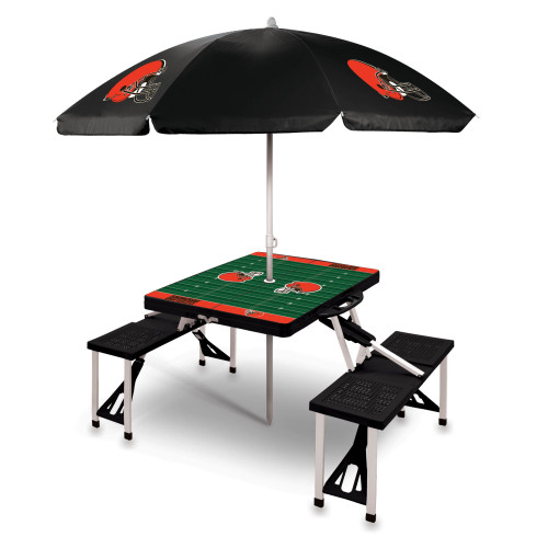 Cleveland Browns Picnic Table Portable Folding Table with Seats and Umbrella, (Black)