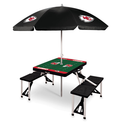 Kansas City Chiefs Picnic Table Portable Folding Table with Seats and Umbrella, (Black)