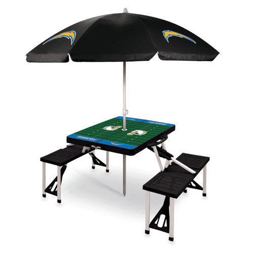 Los Angeles Chargers Picnic Table Portable Folding Table with Seats and Umbrella, (Black)