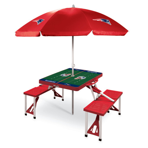 New England Patriots Picnic Table Portable Folding Table with Seats and Umbrella, (Red)