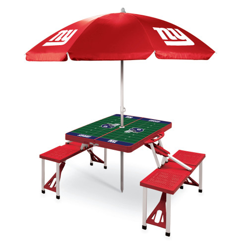 New York Giants Picnic Table Portable Folding Table with Seats and Umbrella, (Red)