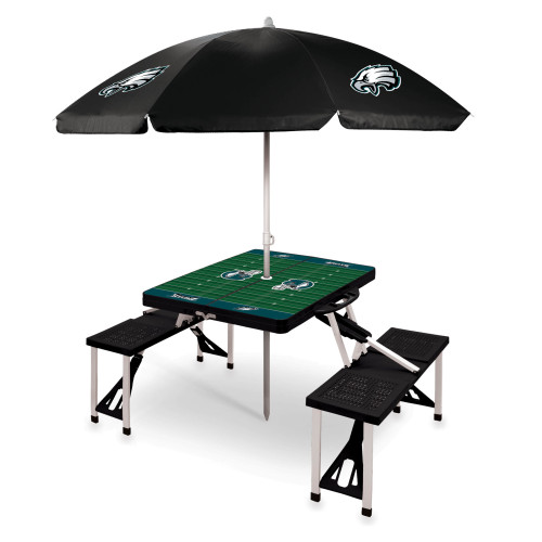 Philadelphia Eagles Picnic Table Portable Folding Table with Seats and Umbrella, (Black)